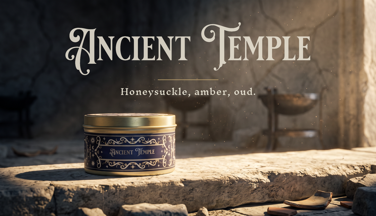 Ancient Temple candle tin on a sunlit stone ledge in a ruined temple, with the scent name and notes set in gold-lettered type