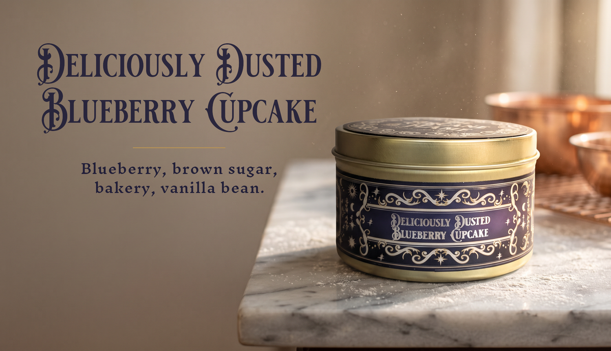 Deliciously Dusted Blueberry Cupcake candle tin on a floured marble counter with copper bowls, with the scent name and notes set in gold-lettered type