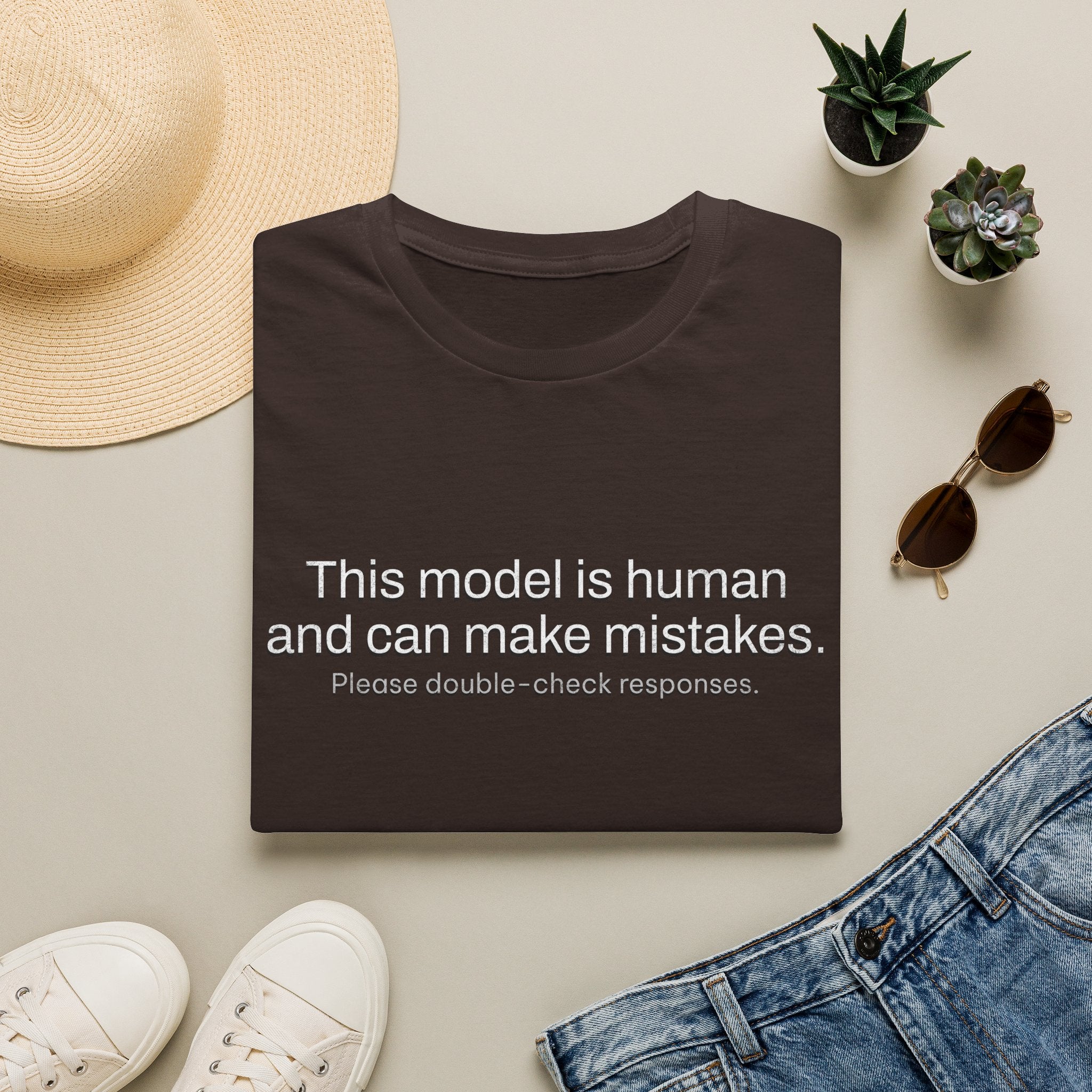 This model is human and can make mistakes T-Shirt — Funny AI Disclaimer Tee