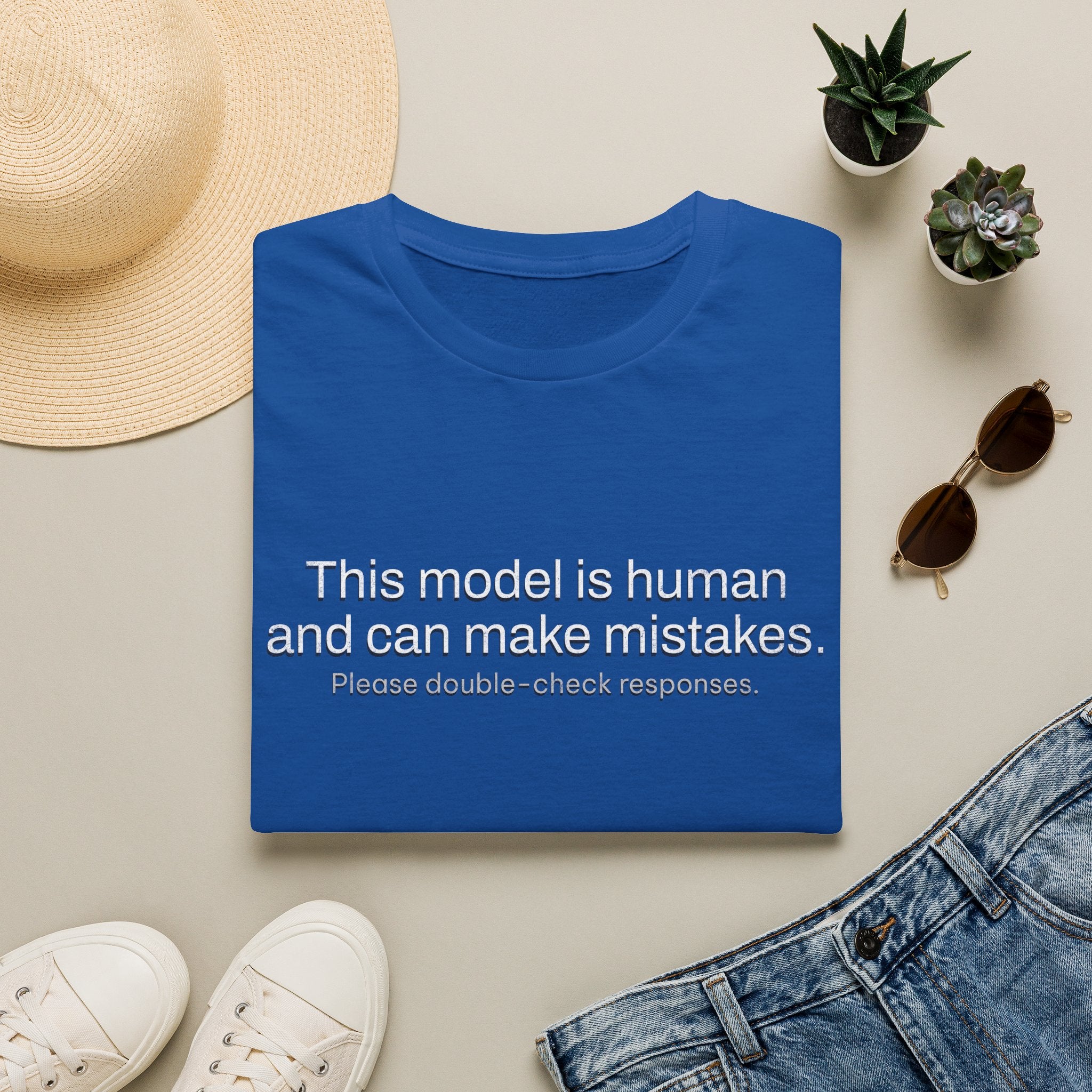This model is human and can make mistakes T-Shirt — Funny AI Disclaimer Tee