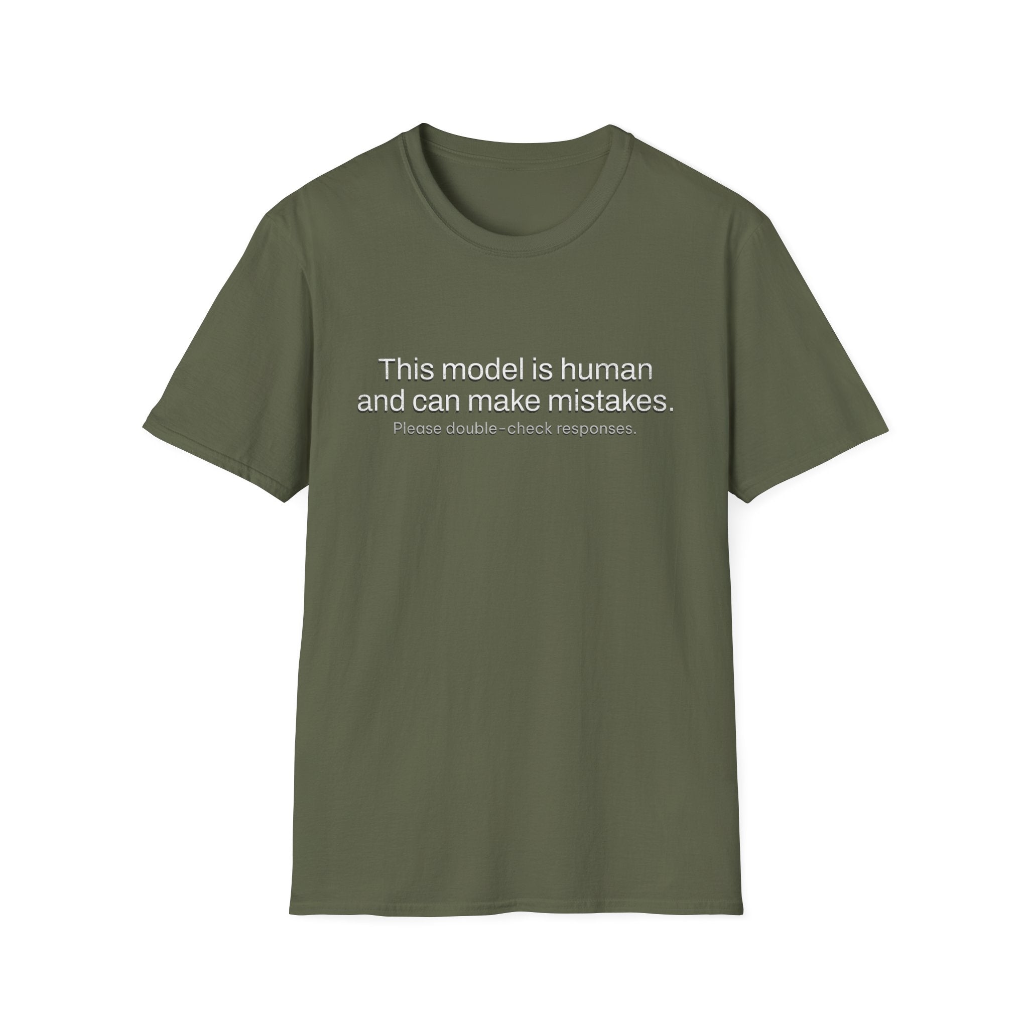 This model is human and can make mistakes T-Shirt — Funny AI Disclaimer Tee