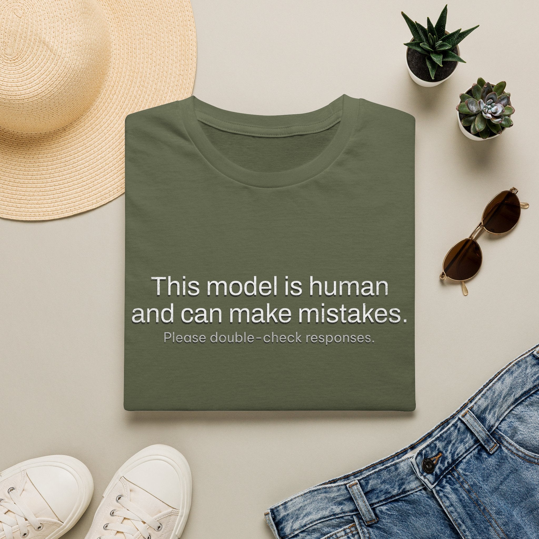 This model is human and can make mistakes T-Shirt — Funny AI Disclaimer Tee