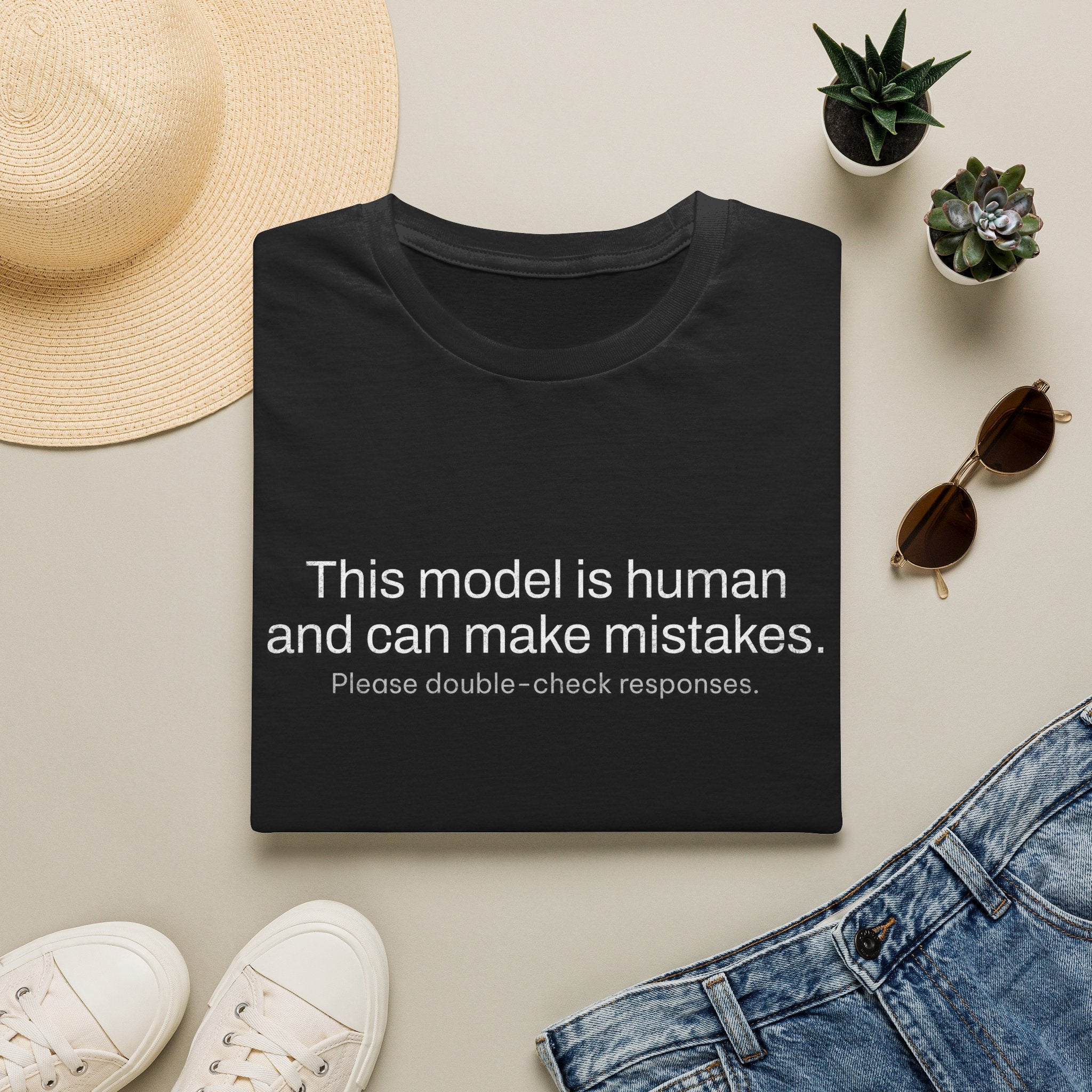 This model is human and can make mistakes T-Shirt — Funny AI Disclaimer Tee