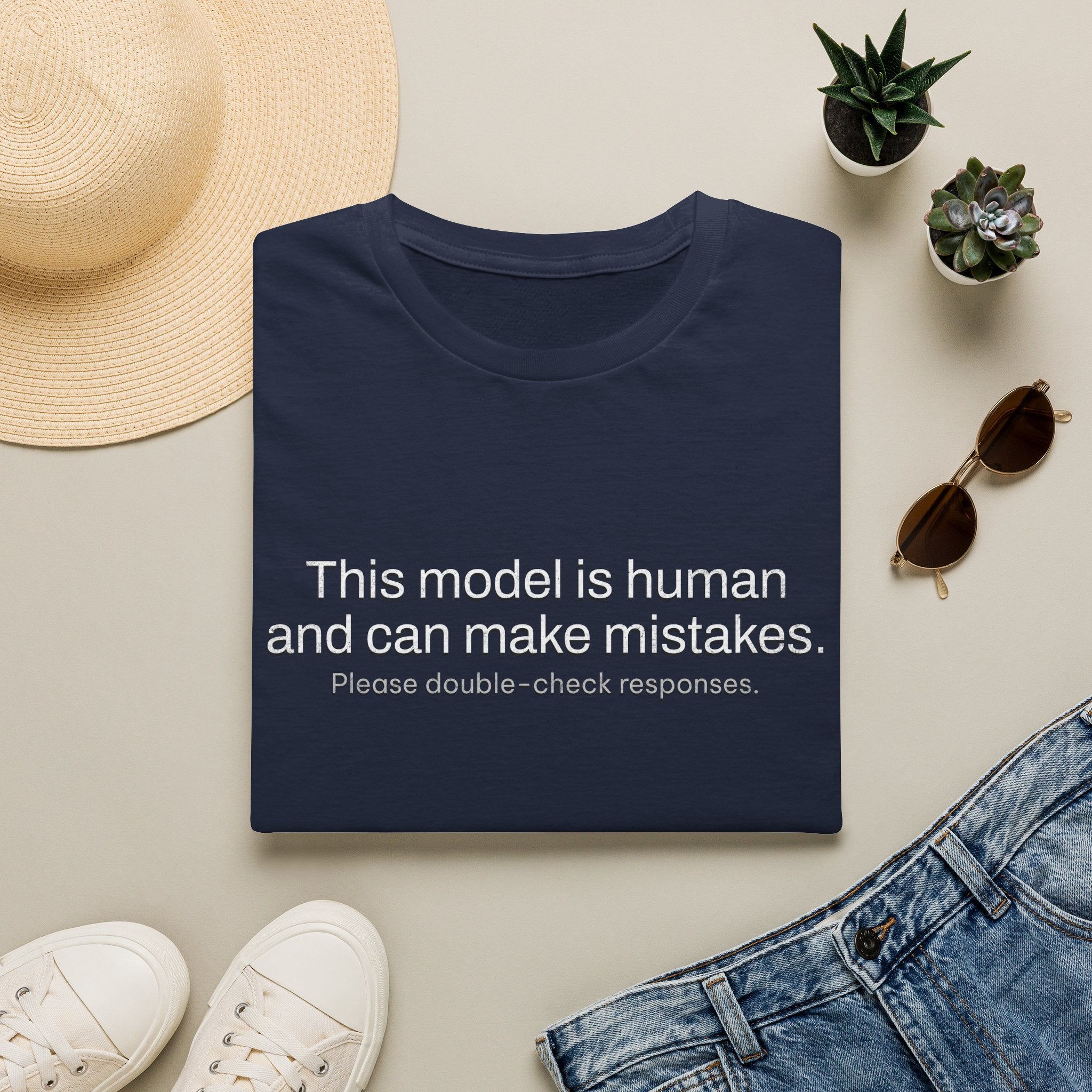 This model is human and can make mistakes T-Shirt — Funny AI Disclaimer Tee