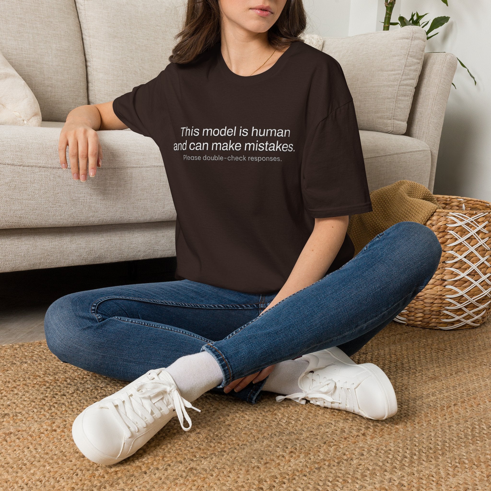 This model is human and can make mistakes T-Shirt — Funny AI Disclaimer Tee