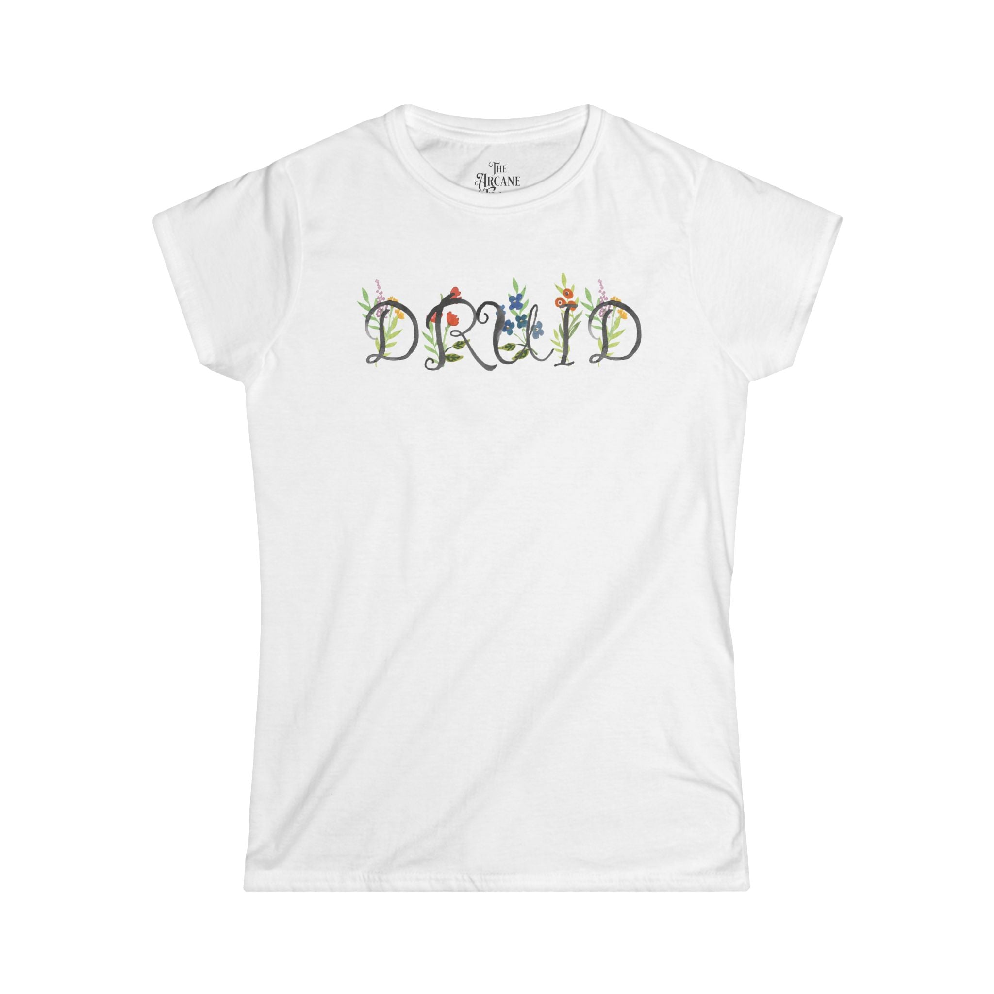 Fitted Druid Tee — Floral Lettering for Forest Witches and Tabletop Adventurers