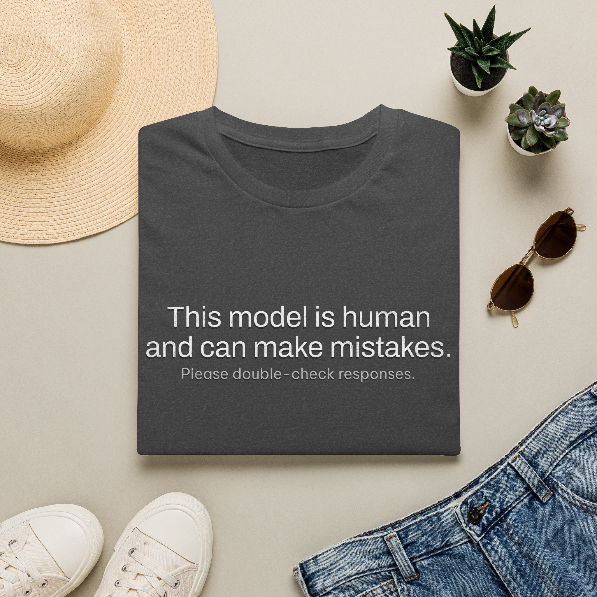 This model is human and can make mistakes T-Shirt — Funny AI Disclaimer Tee