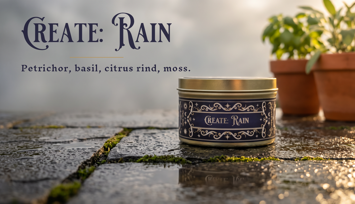 Create: Rain candle tin on wet cobblestones in morning mist, with the scent name and notes set in gold-lettered type